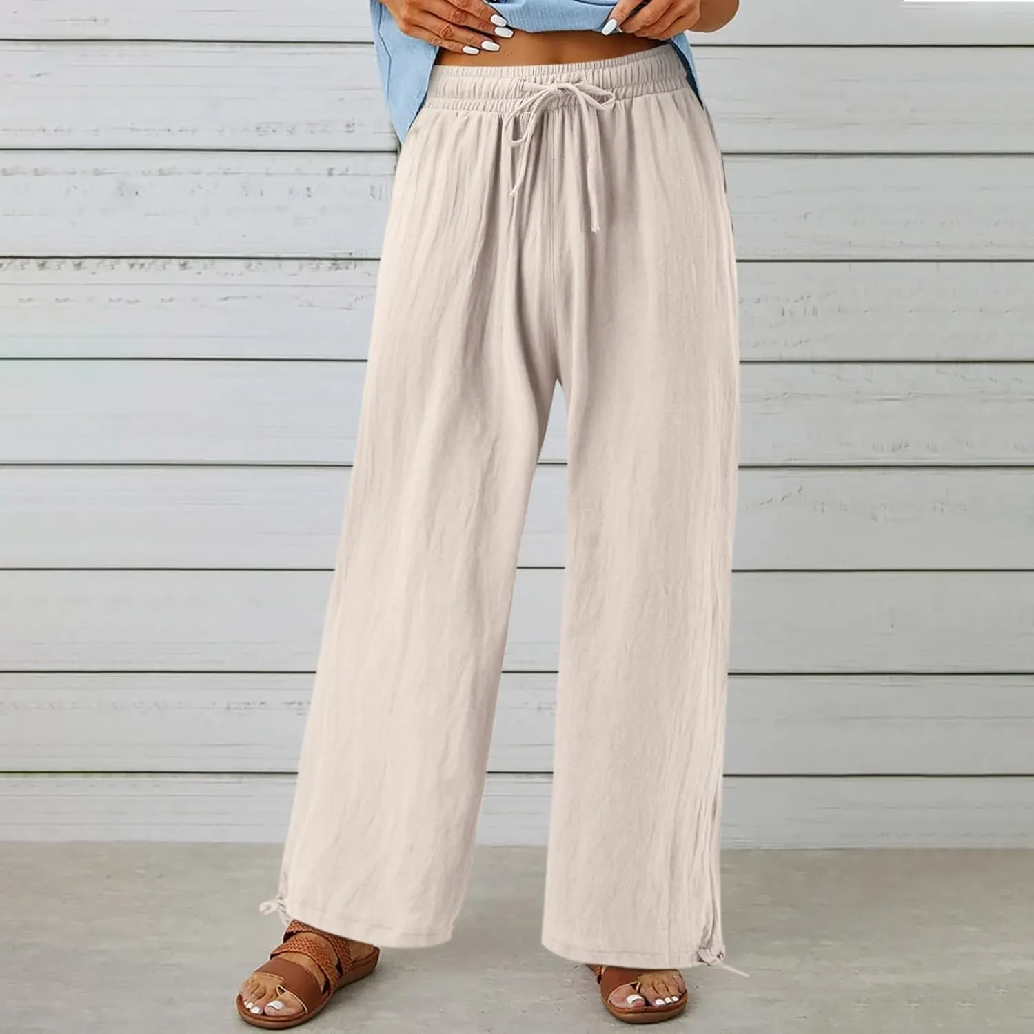 Cotton Linen Trousers Women Wide Leg Linen Pants Loose Fit Casual High Waisted Pants Summer Drawstring Beach Pants