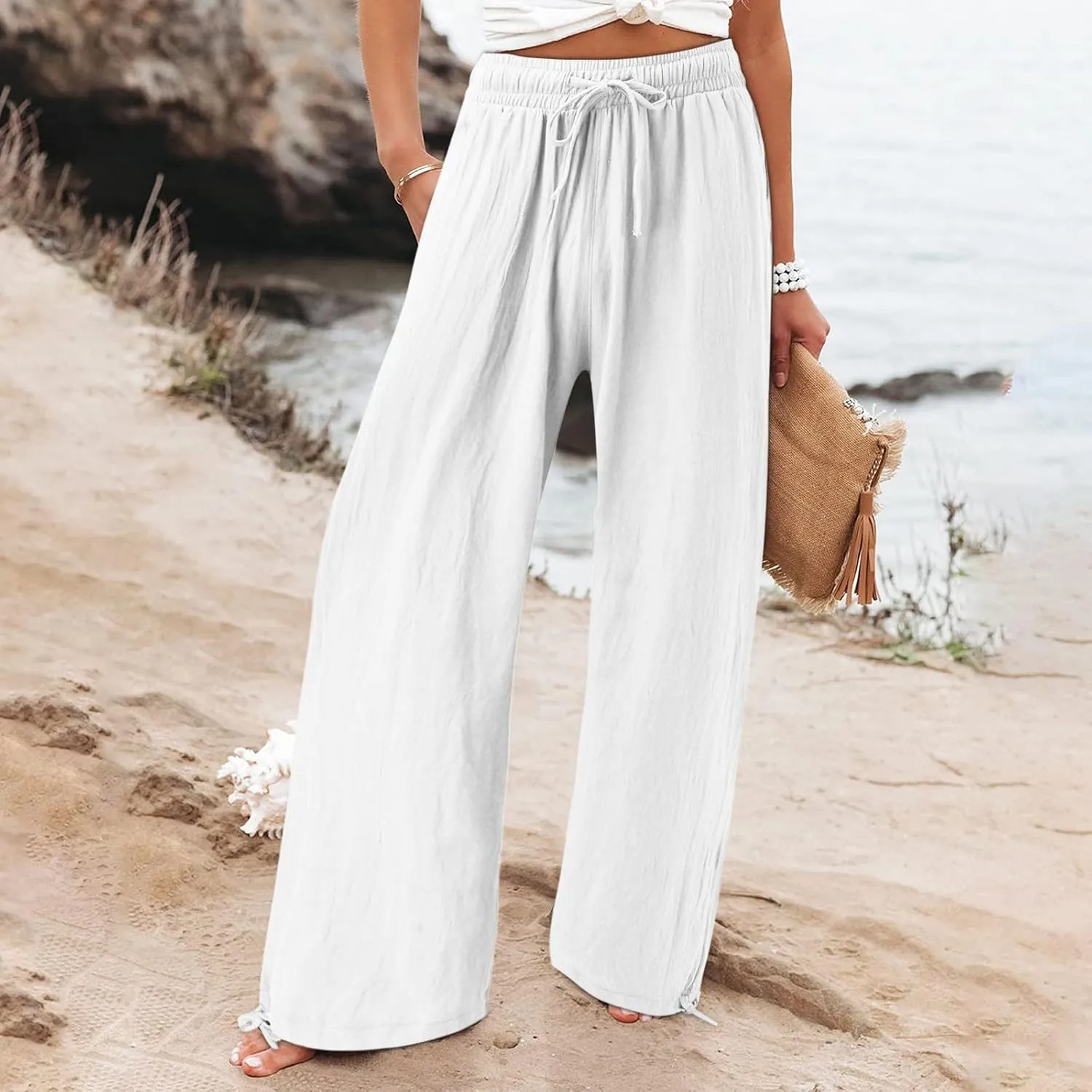 Cotton Linen Trousers Women Wide Leg Linen Pants Loose Fit Casual High Waisted Pants Summer Drawstring Beach Pants
