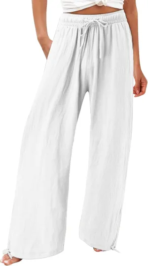 Cotton Linen Trousers Women Wide Leg Linen Pants Loose Fit Casual High Waisted Pants Summer Drawstring Beach Pants