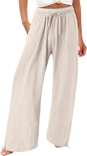 Cotton Linen Trousers Women Wide Leg Linen Pants Loose Fit Casual High Waisted Pants Summer Drawstring Beach Pants