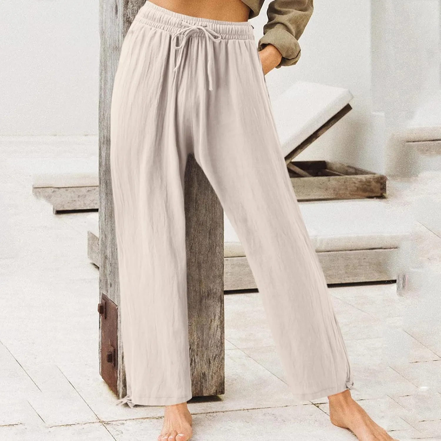 Cotton Linen Trousers Women Wide Leg Linen Pants Loose Fit Casual High Waisted Pants Summer Drawstring Beach Pants