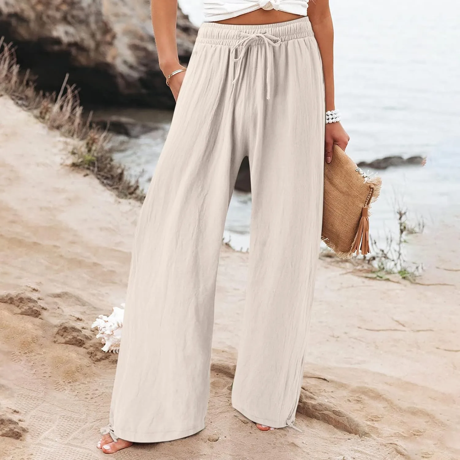 Cotton Linen Trousers Women Wide Leg Linen Pants Loose Fit Casual High Waisted Pants Summer Drawstring Beach Pants
