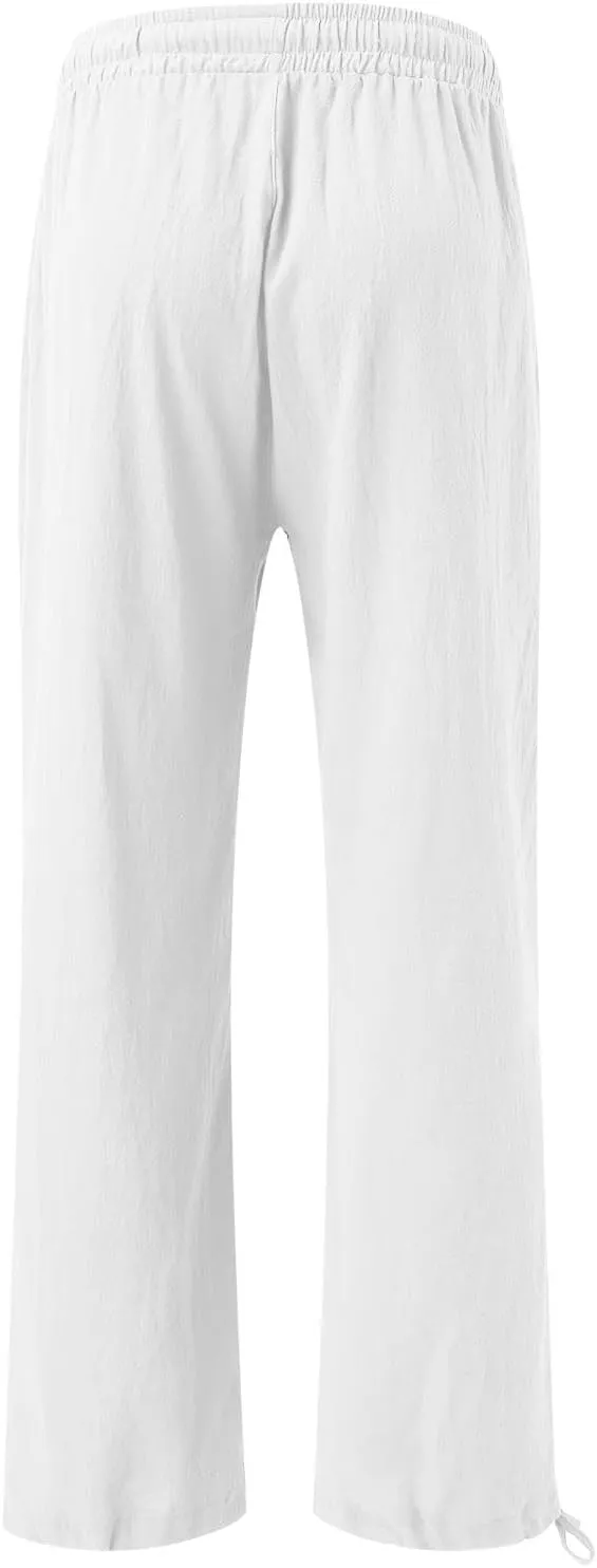 Cotton Linen Trousers Women Wide Leg Linen Pants Loose Fit Casual High Waisted Pants Summer Drawstring Beach Pants