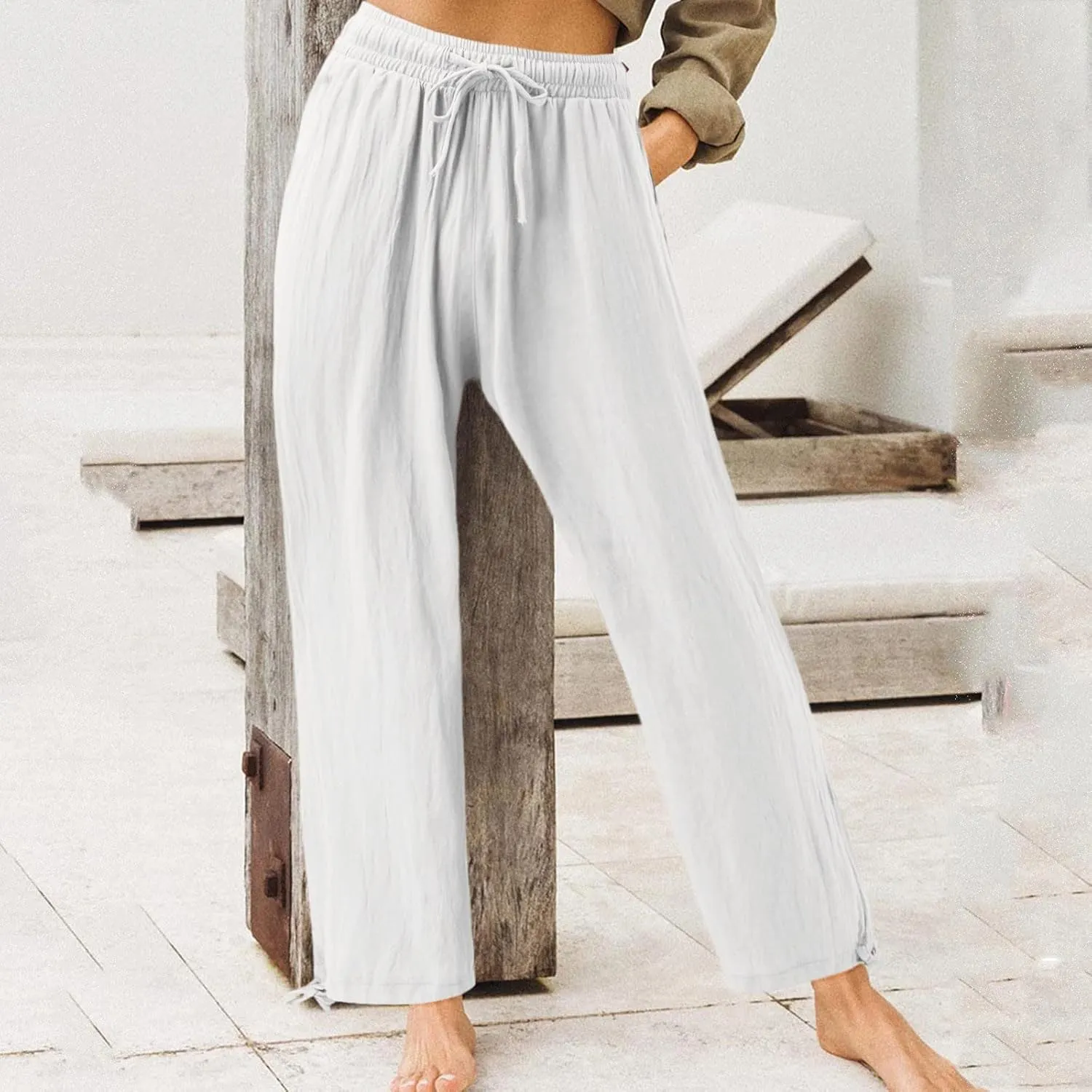 Cotton Linen Trousers Women Wide Leg Linen Pants Loose Fit Casual High Waisted Pants Summer Drawstring Beach Pants