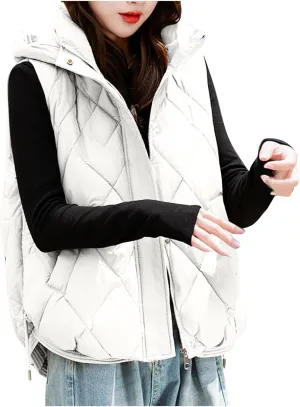 Cotton-Padded Gilet for Women Diamond Sleeveless Hooded Vest Lightweight Stand Collar Zip Up Open Thicken Waistcoat