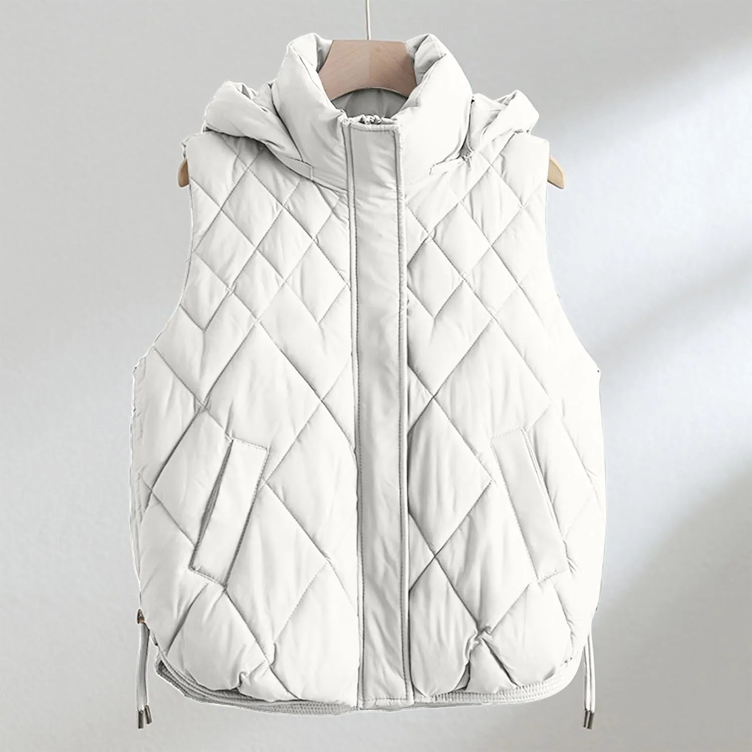Cotton-Padded Gilet for Women Diamond Sleeveless Hooded Vest Lightweight Stand Collar Zip Up Open Thicken Waistcoat