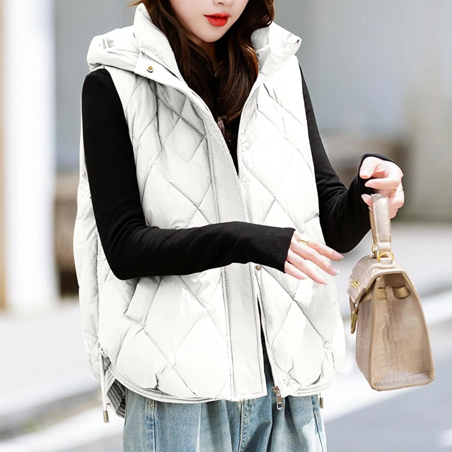 Cotton-Padded Gilet for Women Diamond Sleeveless Hooded Vest Lightweight Stand Collar Zip Up Open Thicken Waistcoat