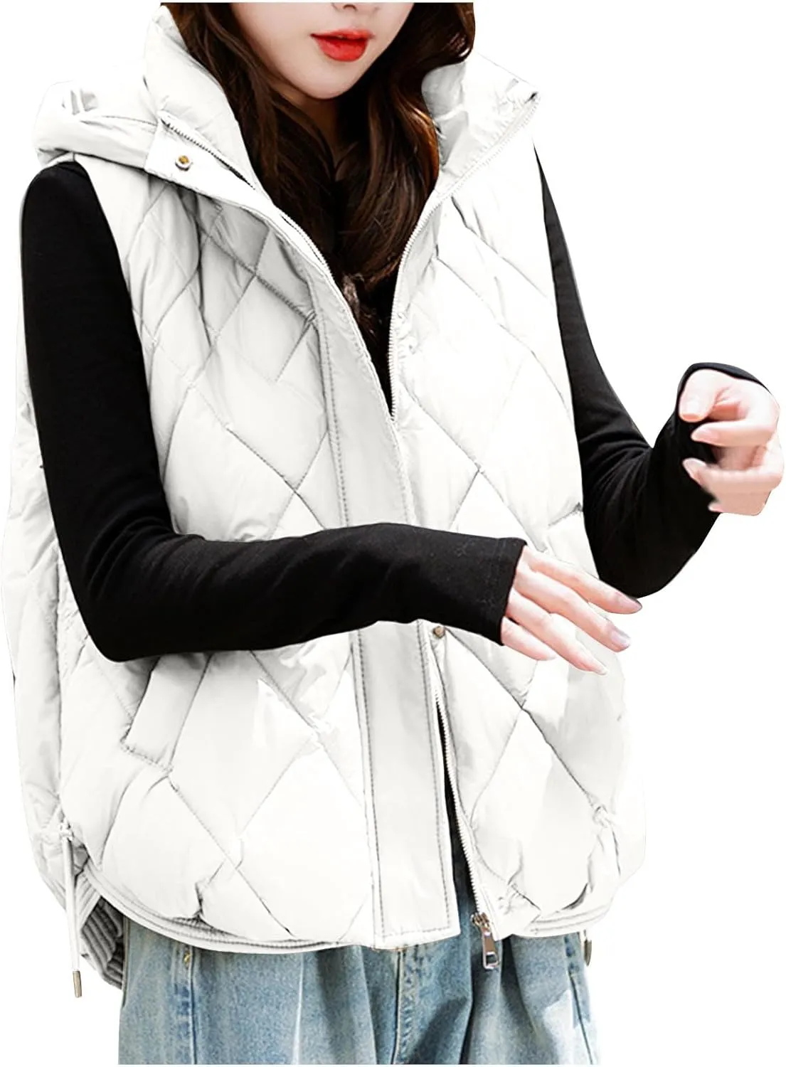 Cotton-Padded Gilet for Women Diamond Sleeveless Hooded Vest Lightweight Stand Collar Zip Up Open Thicken Waistcoat