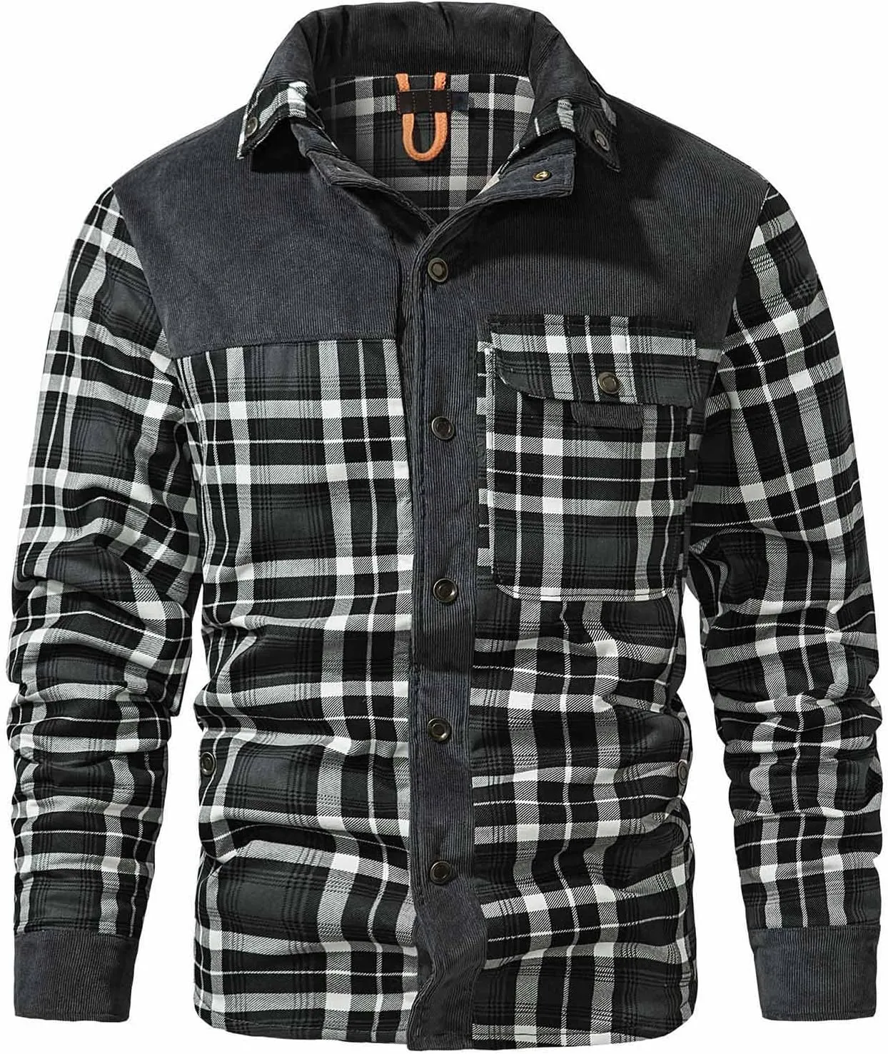 Cotton Warm Jackets for Men Long Sleeve Stand Collar Button Fur Outerwear Winter Casual Plaid Padded Insulated Coat