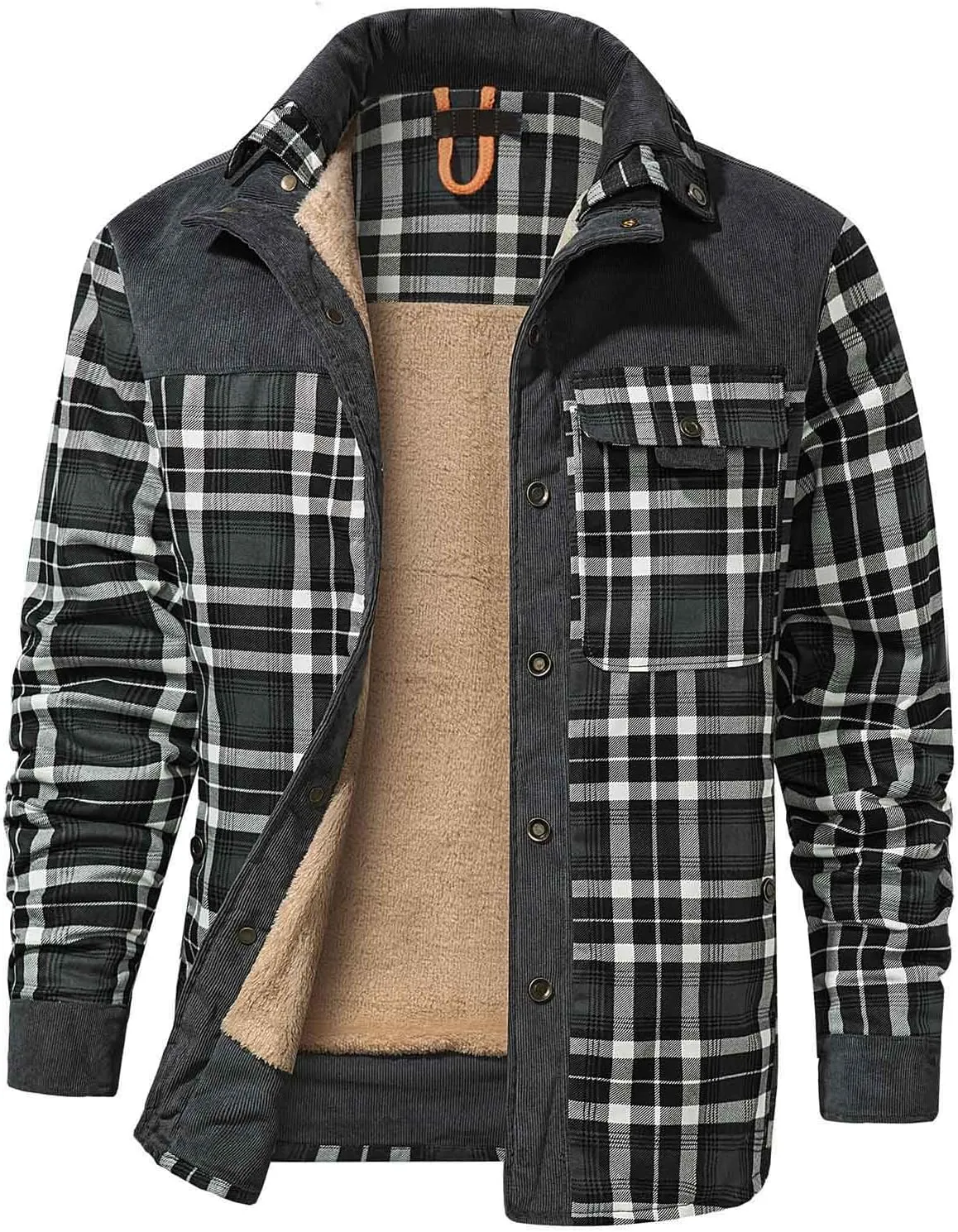 Cotton Warm Jackets for Men Long Sleeve Stand Collar Button Fur Outerwear Winter Casual Plaid Padded Insulated Coat