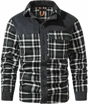 Cotton Warm Jackets for Men Long Sleeve Stand Collar Button Fur Outerwear Winter Casual Plaid Padded Insulated Coat