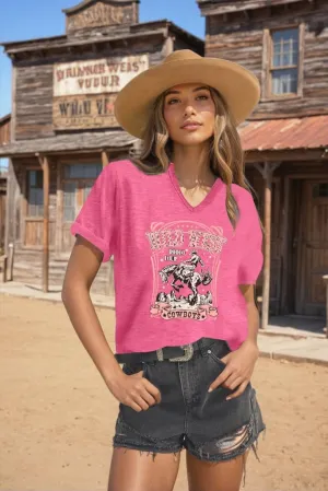 Cowboy Shirts for Women V Neck Vintage Rodeo T Shirt Western Fashion Graphic Short Sleeve Tee Tops
