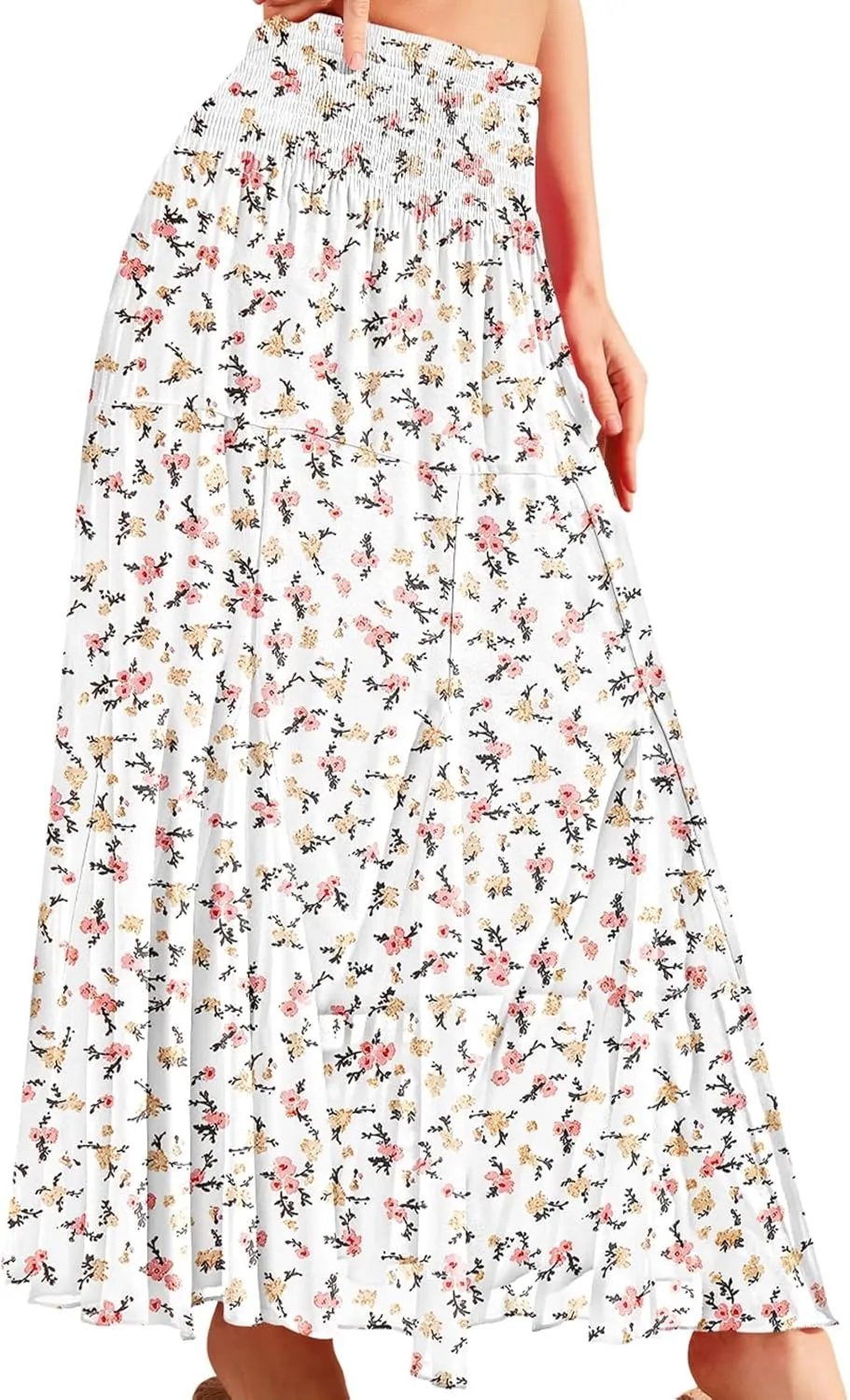CYiNu Womens Long Maxi Skirt Chiffon Elastic High Waist Tiered Pleated Floral Printed A-Line Boho Long Skirts for Women