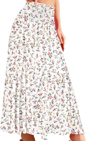 CYiNu Womens Long Maxi Skirt Chiffon Elastic High Waist Tiered Pleated Floral Printed A-Line Boho Long Skirts for Women