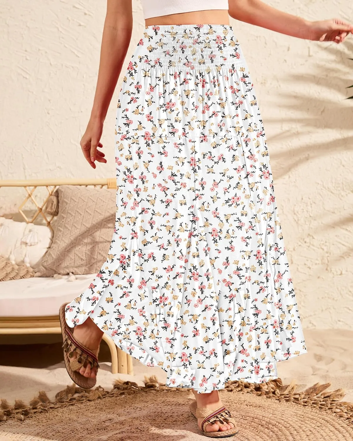CYiNu Womens Long Maxi Skirt Chiffon Elastic High Waist Tiered Pleated Floral Printed A-Line Boho Long Skirts for Women