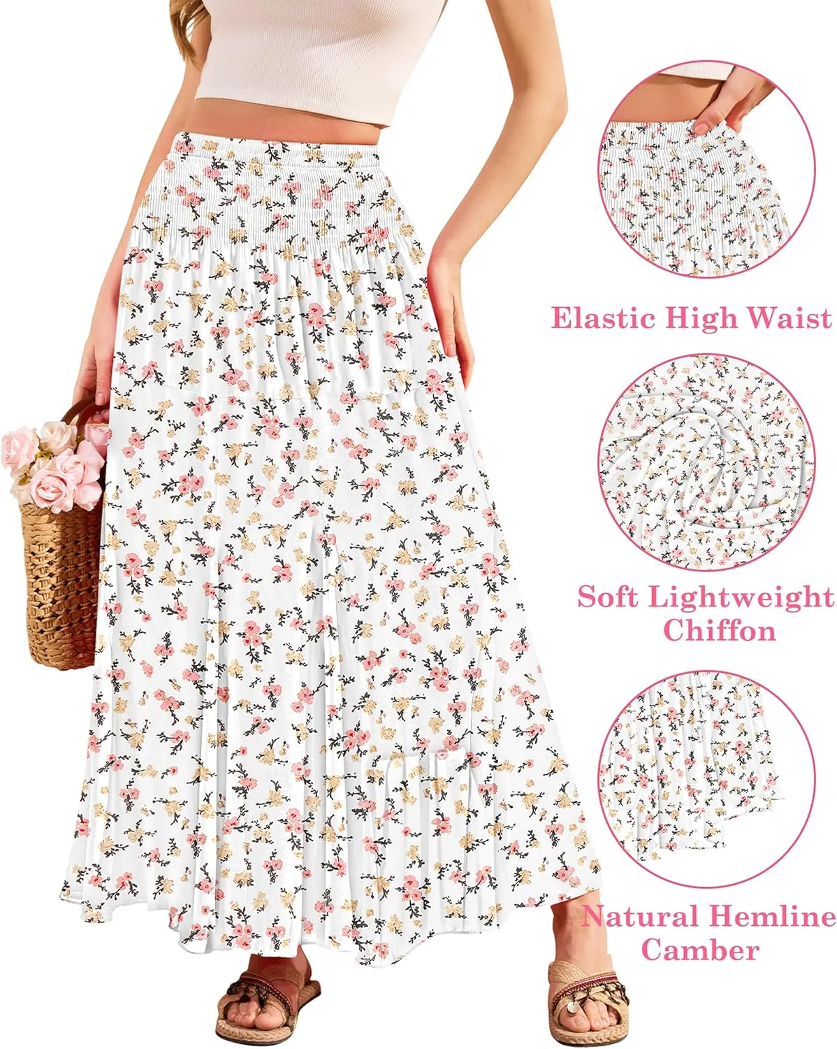 CYiNu Womens Long Maxi Skirt Chiffon Elastic High Waist Tiered Pleated Floral Printed A-Line Boho Long Skirts for Women