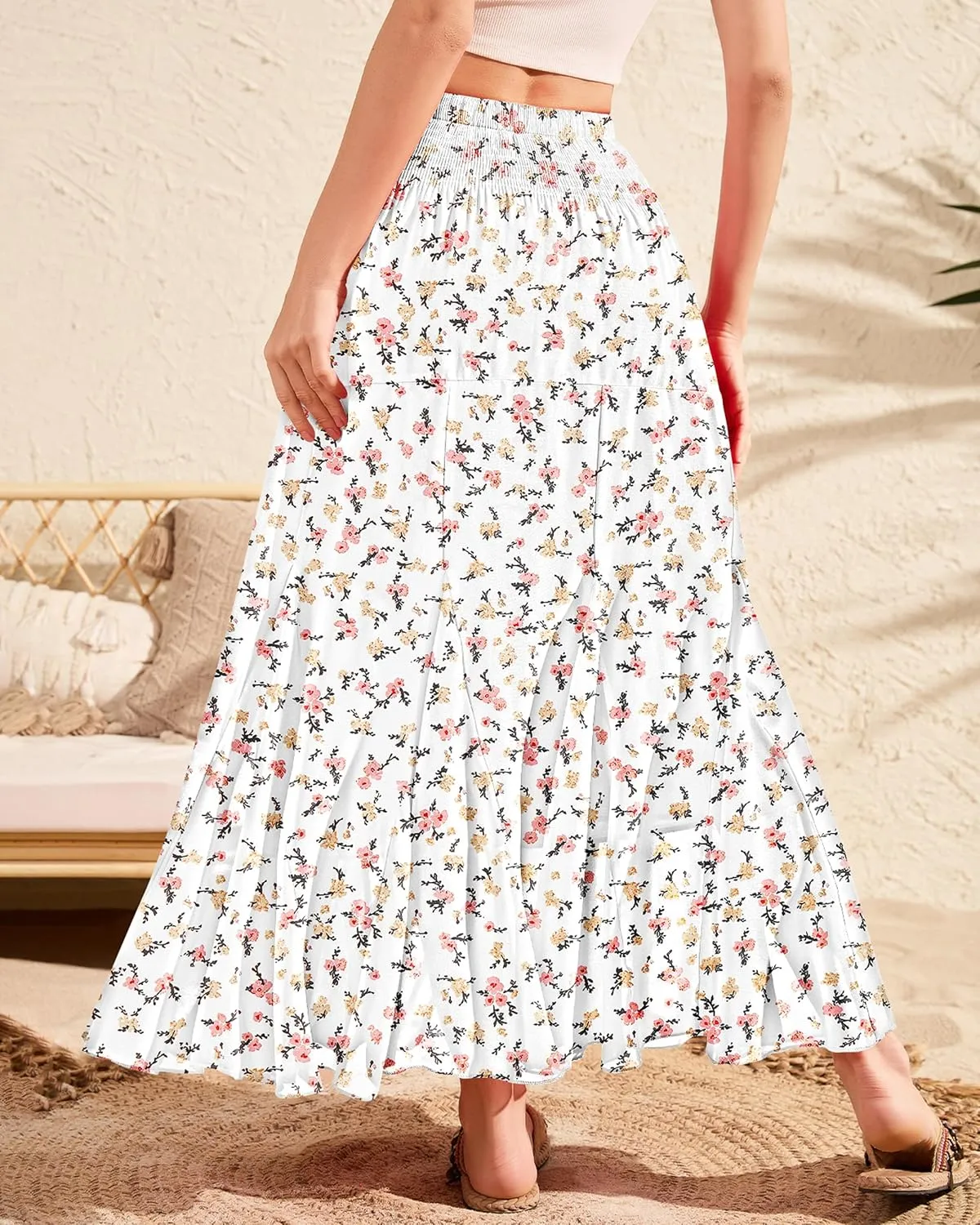 CYiNu Womens Long Maxi Skirt Chiffon Elastic High Waist Tiered Pleated Floral Printed A-Line Boho Long Skirts for Women