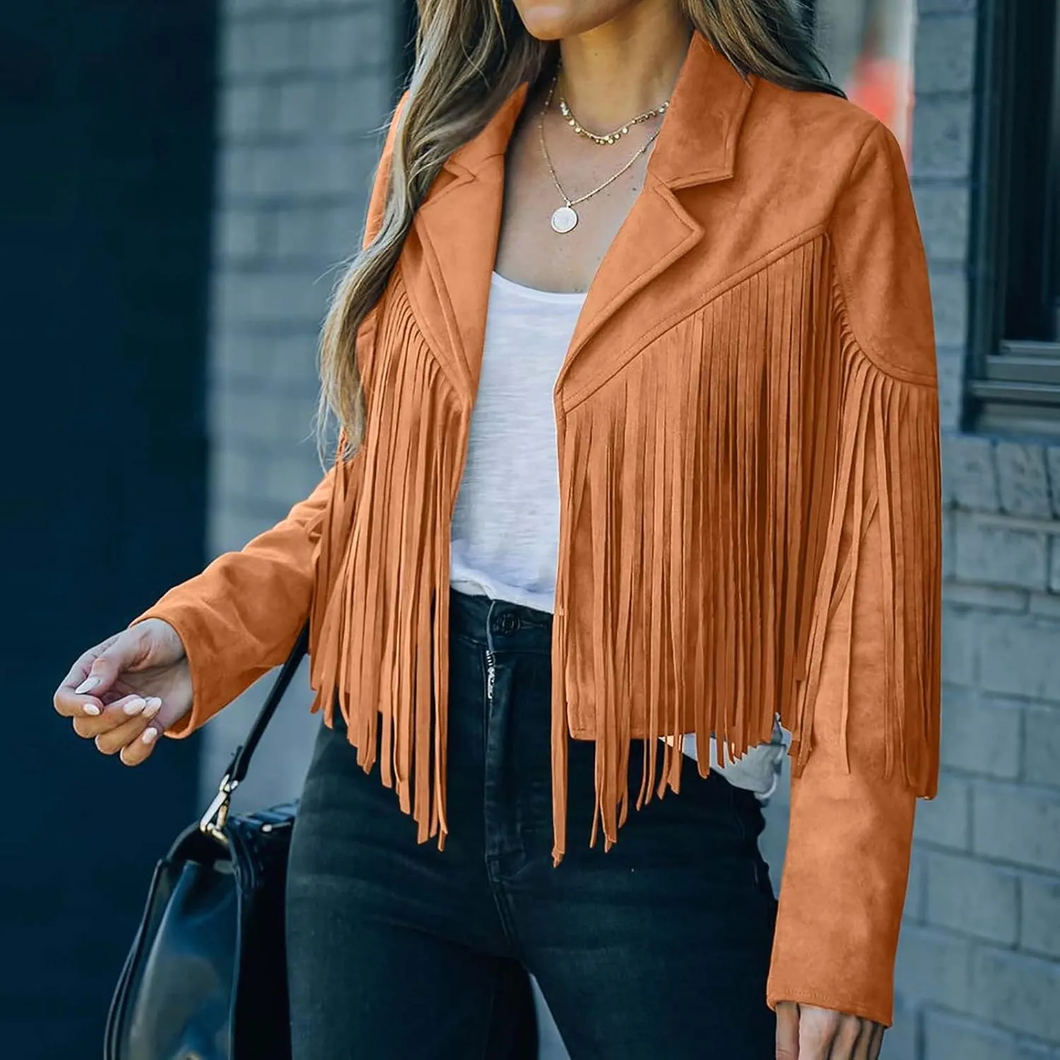 DASAYO Women's Casual Leather Fringed Jacket Long Sleeve Faux Leather PU Coat Cowboy Style Notch Lapel Tassel Outwear