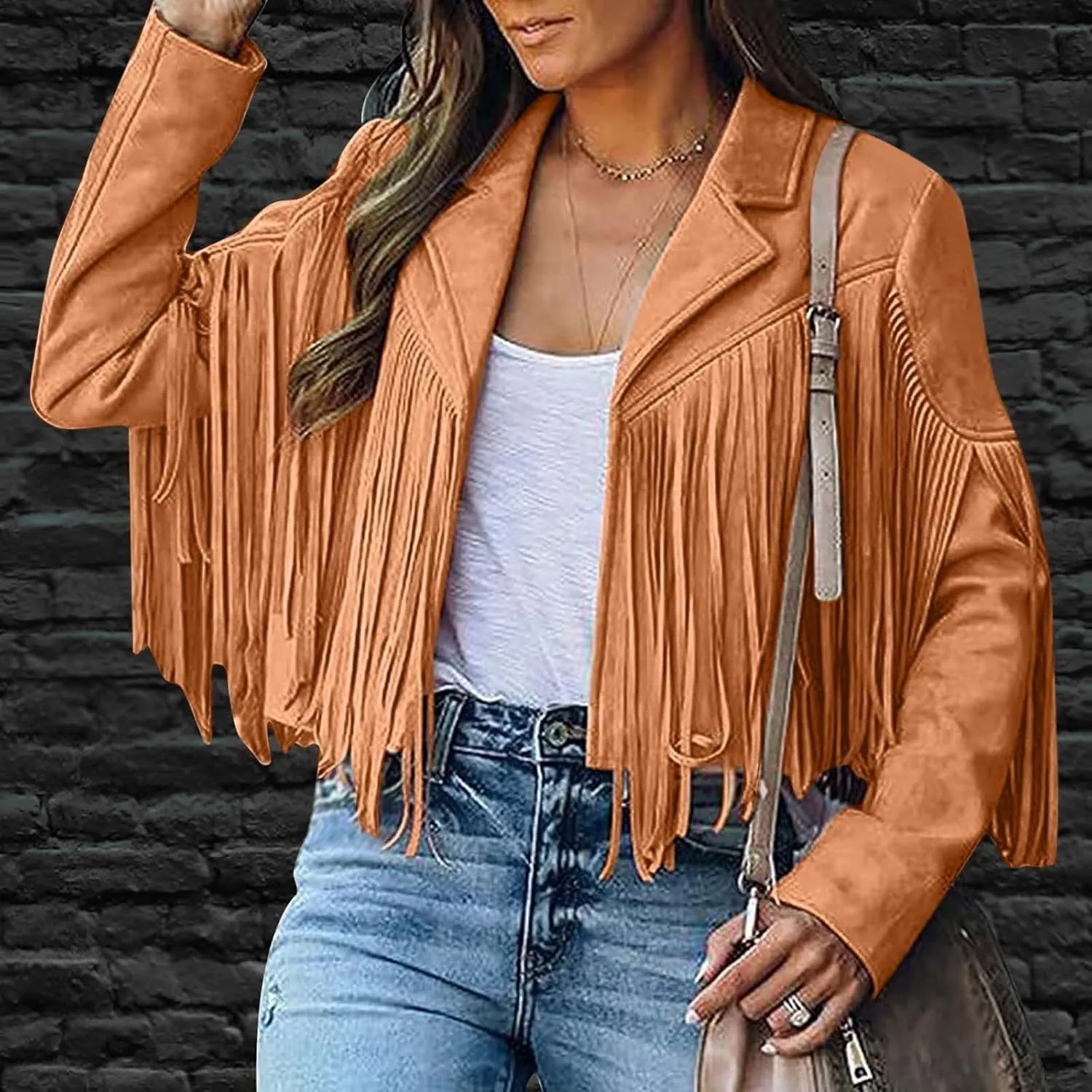 DASAYO Women's Casual Leather Fringed Jacket Long Sleeve Faux Leather PU Coat Cowboy Style Notch Lapel Tassel Outwear