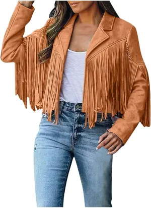 DASAYO Women's Casual Leather Fringed Jacket Long Sleeve Faux Leather PU Coat Cowboy Style Notch Lapel Tassel Outwear