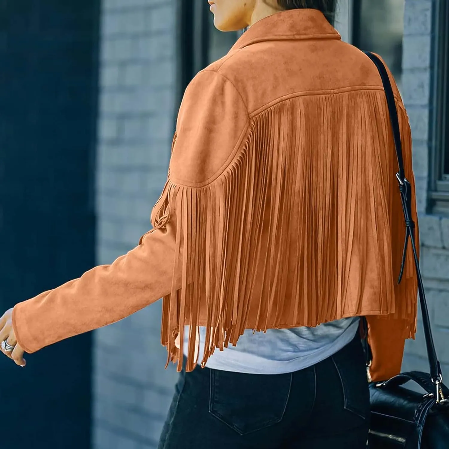 DASAYO Women's Casual Leather Fringed Jacket Long Sleeve Faux Leather PU Coat Cowboy Style Notch Lapel Tassel Outwear