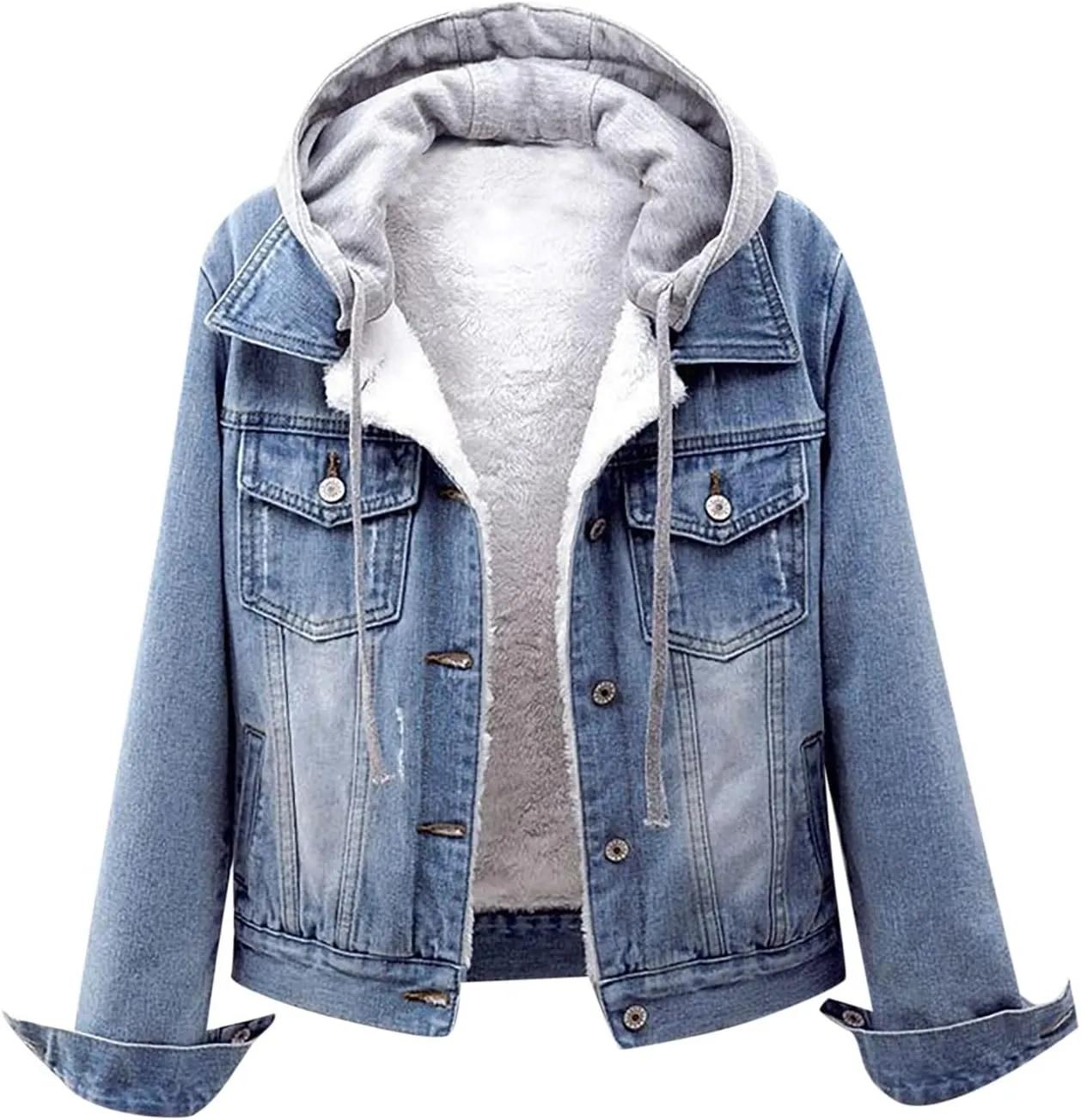 DDAPJ pyju Women's Warm Denim Jacket with Detachable Hood Fleece Lined Denim Coat Pockets Casual Winter Hoodies Jackets