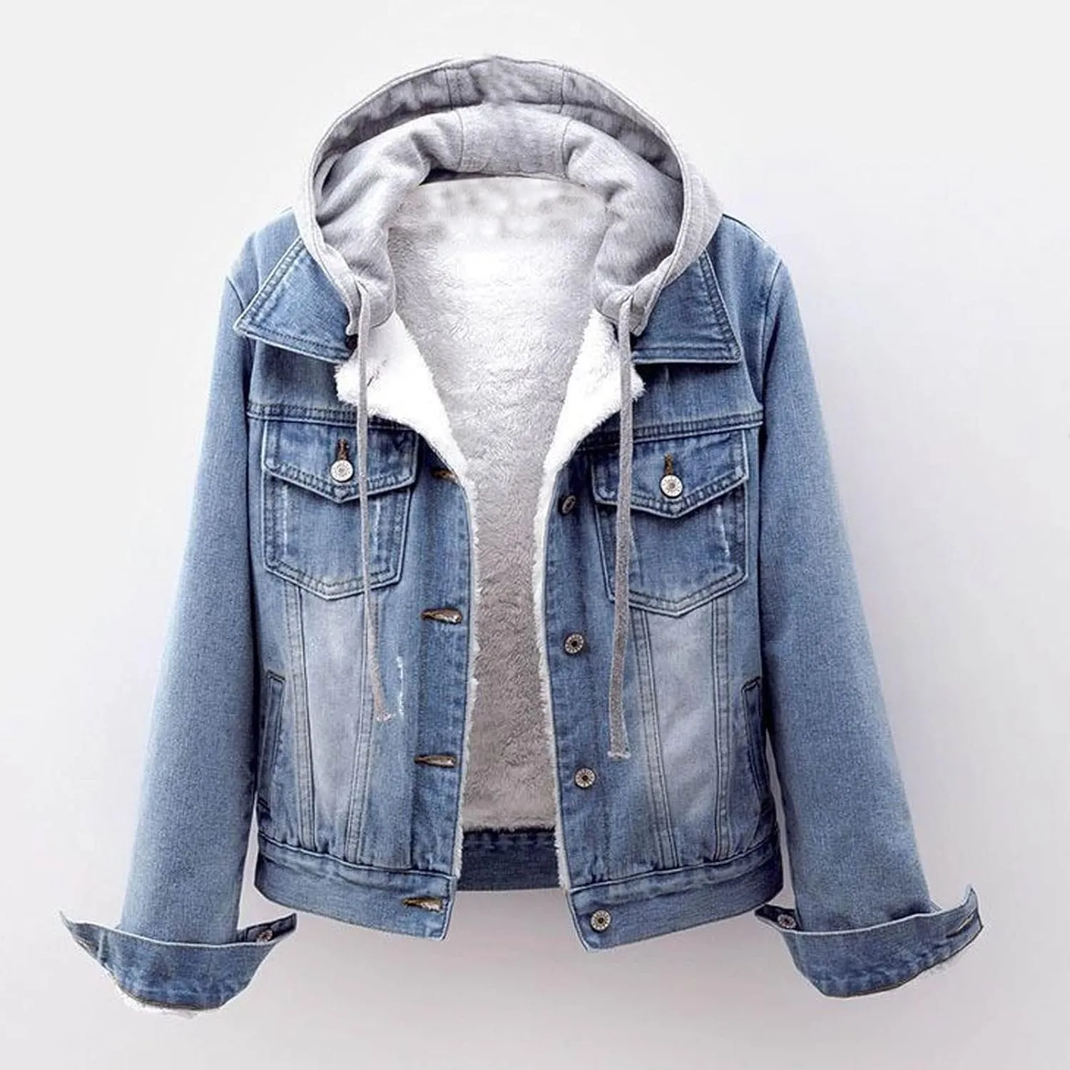 DDAPJ pyju Women's Warm Denim Jacket with Detachable Hood Fleece Lined Denim Coat Pockets Casual Winter Hoodies Jackets
