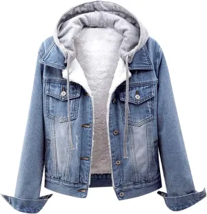DDAPJ pyju Women's Warm Denim Jacket with Detachable Hood Fleece Lined Denim Coat Pockets Casual Winter Hoodies Jackets