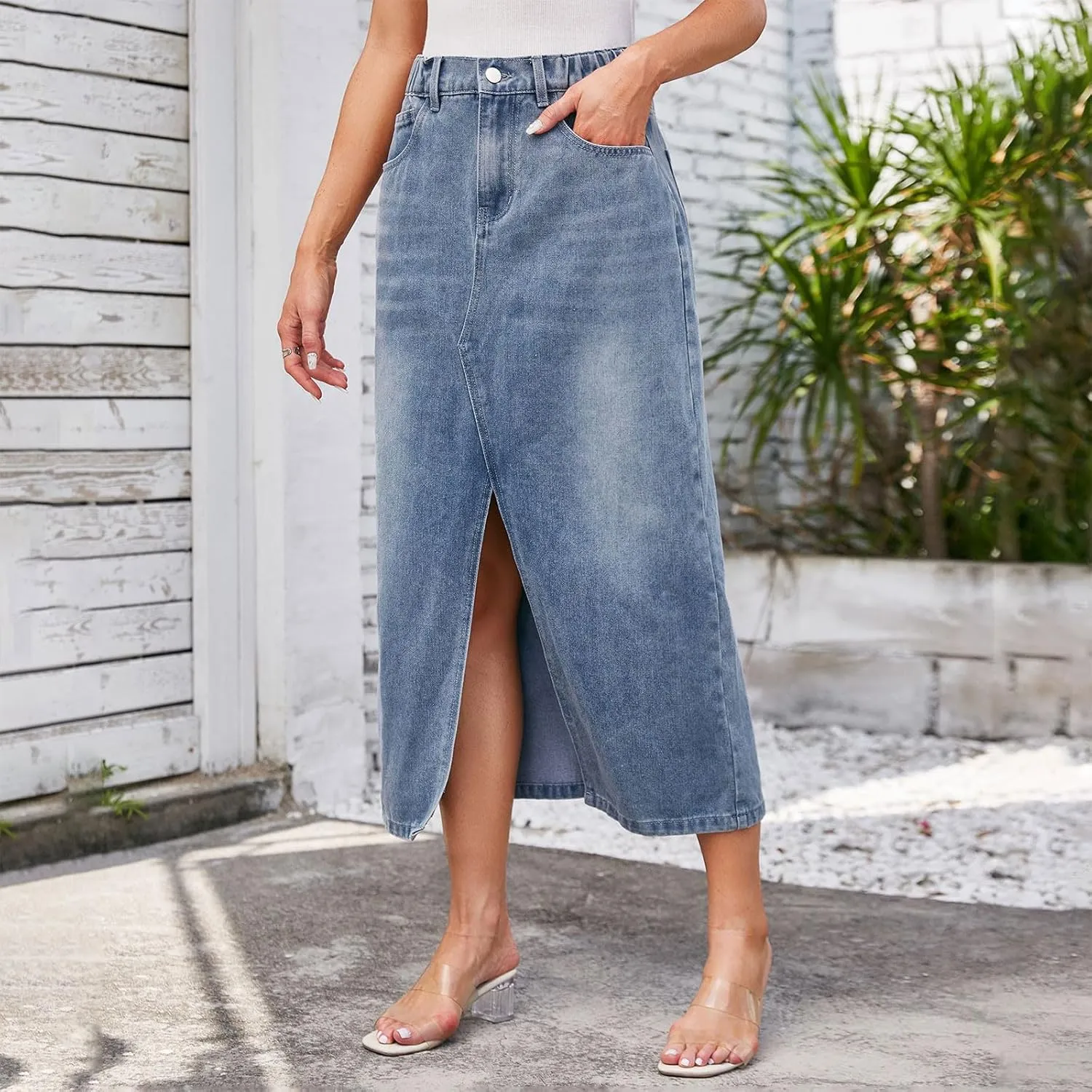 Denim Skirts for Women Hem Split Notch Distressed Mini Skirts Tight High Waisted Jean Skirt Fashion Trending Skirt