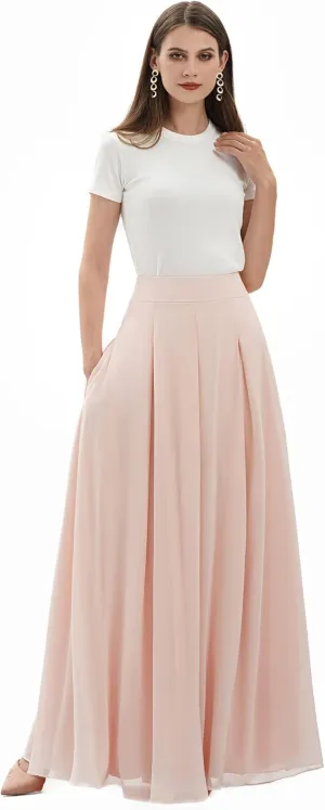 Diydress Womens Long Chiffon Skirts Maxi Skirt Floor Length High Waist Formal Prom Party Skirts with Pockets