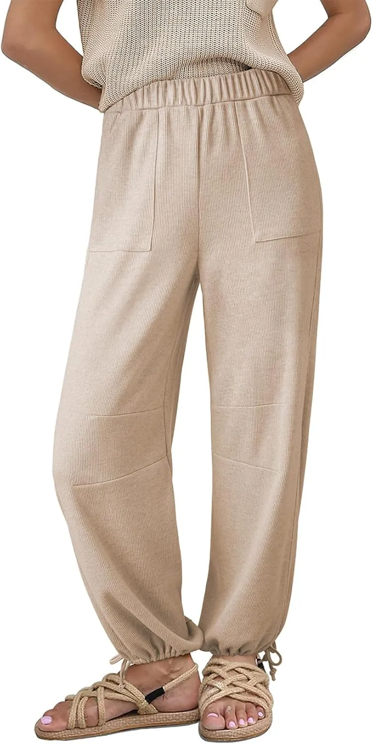 Dokotoo Womens Baggy Wide Leg Pants Drawstrings Cuffs Elastic Waisted Loose Palazzo Casual Harem Pants with Pockets