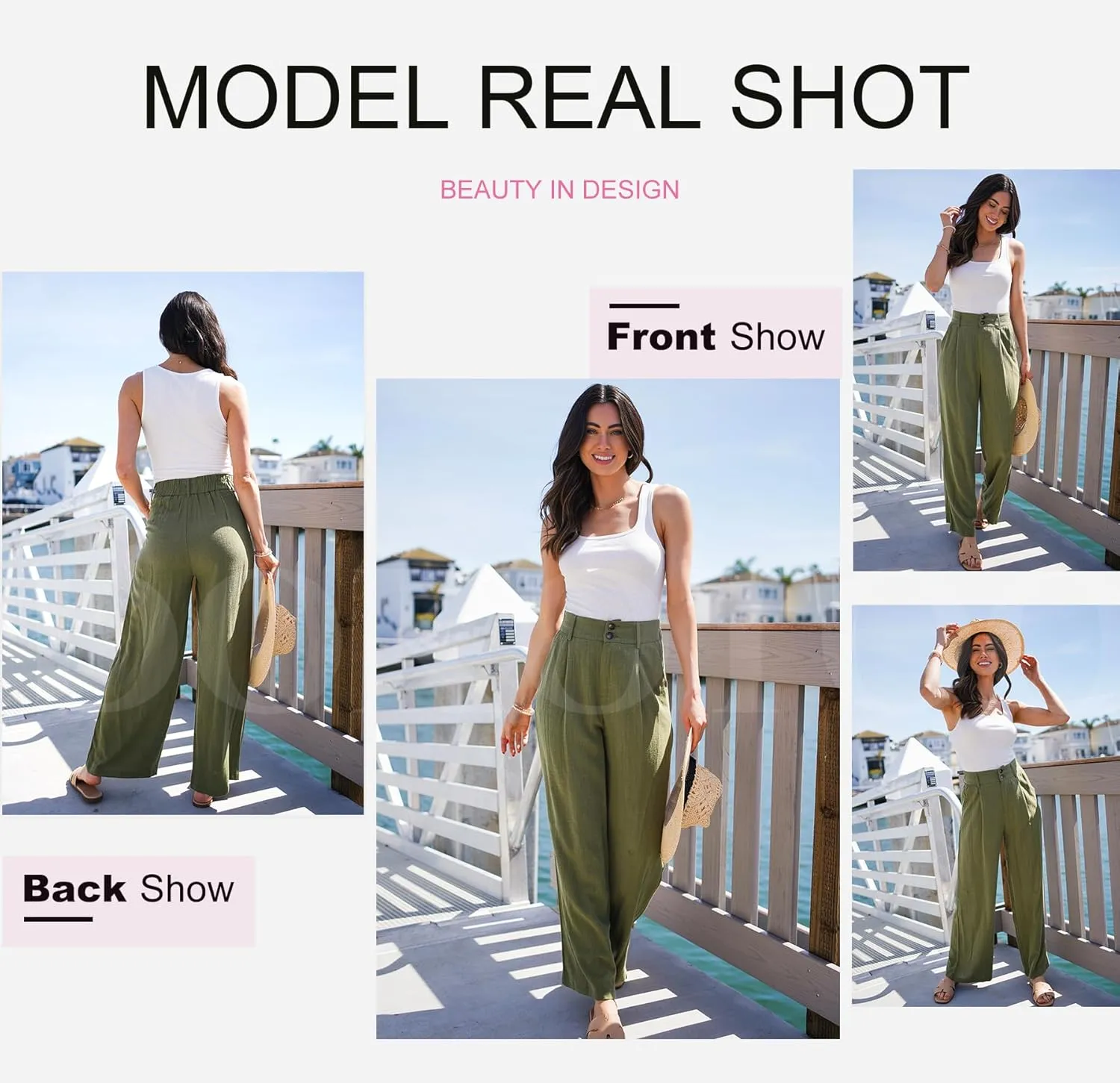 Dokotoo Womens Linen Pants Casual Loose Wide Leg Pants for Women Elastic Waist Palazzo Pants Trousers with Pockets