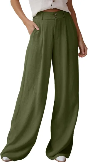 Dokotoo Womens Linen Pants Casual Loose Wide Leg Pants for Women Elastic Waist Palazzo Pants Trousers with Pockets