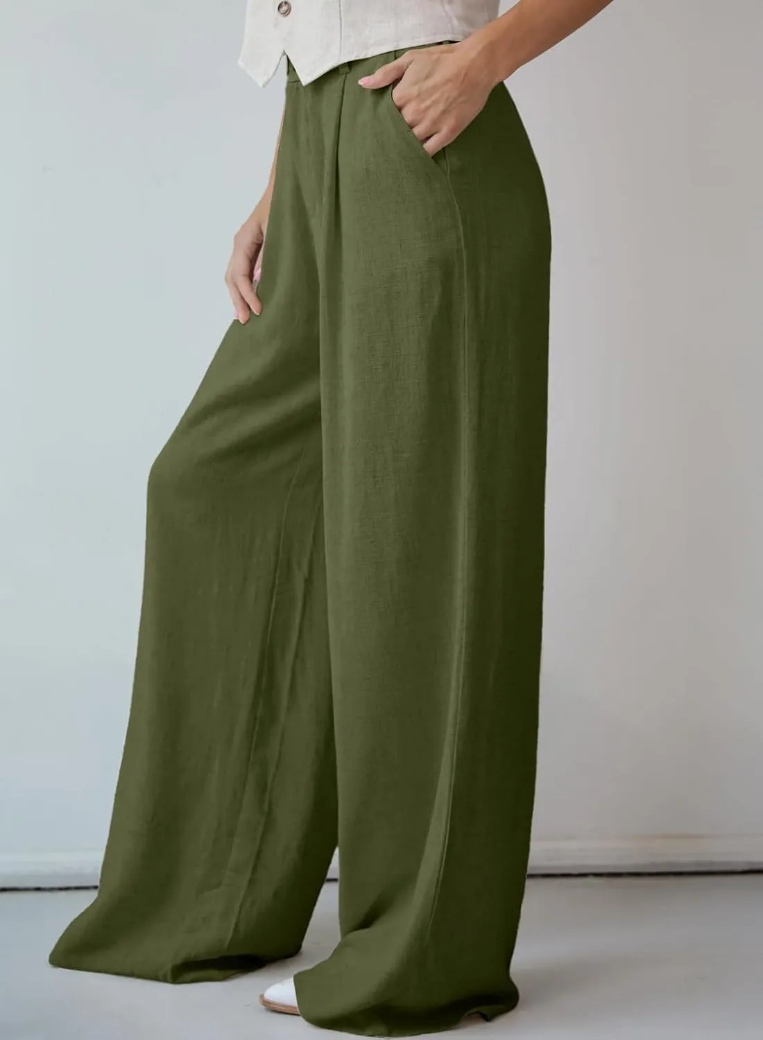 Dokotoo Womens Linen Pants Casual Loose Wide Leg Pants for Women Elastic Waist Palazzo Pants Trousers with Pockets