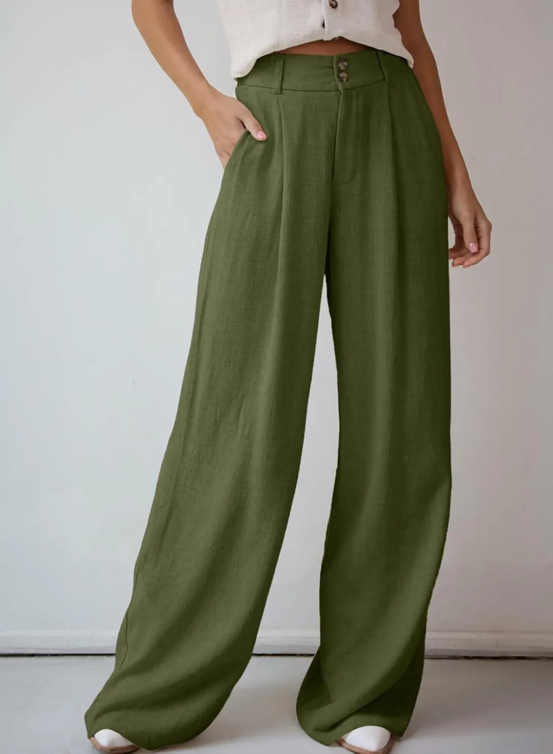Dokotoo Womens Linen Pants Casual Loose Wide Leg Pants for Women Elastic Waist Palazzo Pants Trousers with Pockets
