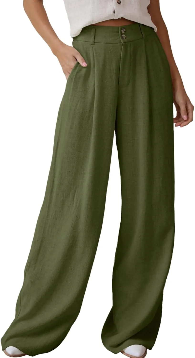 Dokotoo Womens Linen Pants Casual Loose Wide Leg Pants for Women Elastic Waist Palazzo Pants Trousers with Pockets