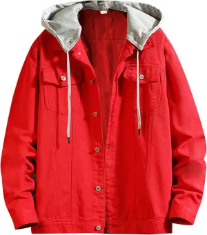 Double Coat Mens Spring And Autumn Leisure Solid Color Buckle Hooded Denim Jacket Coat
