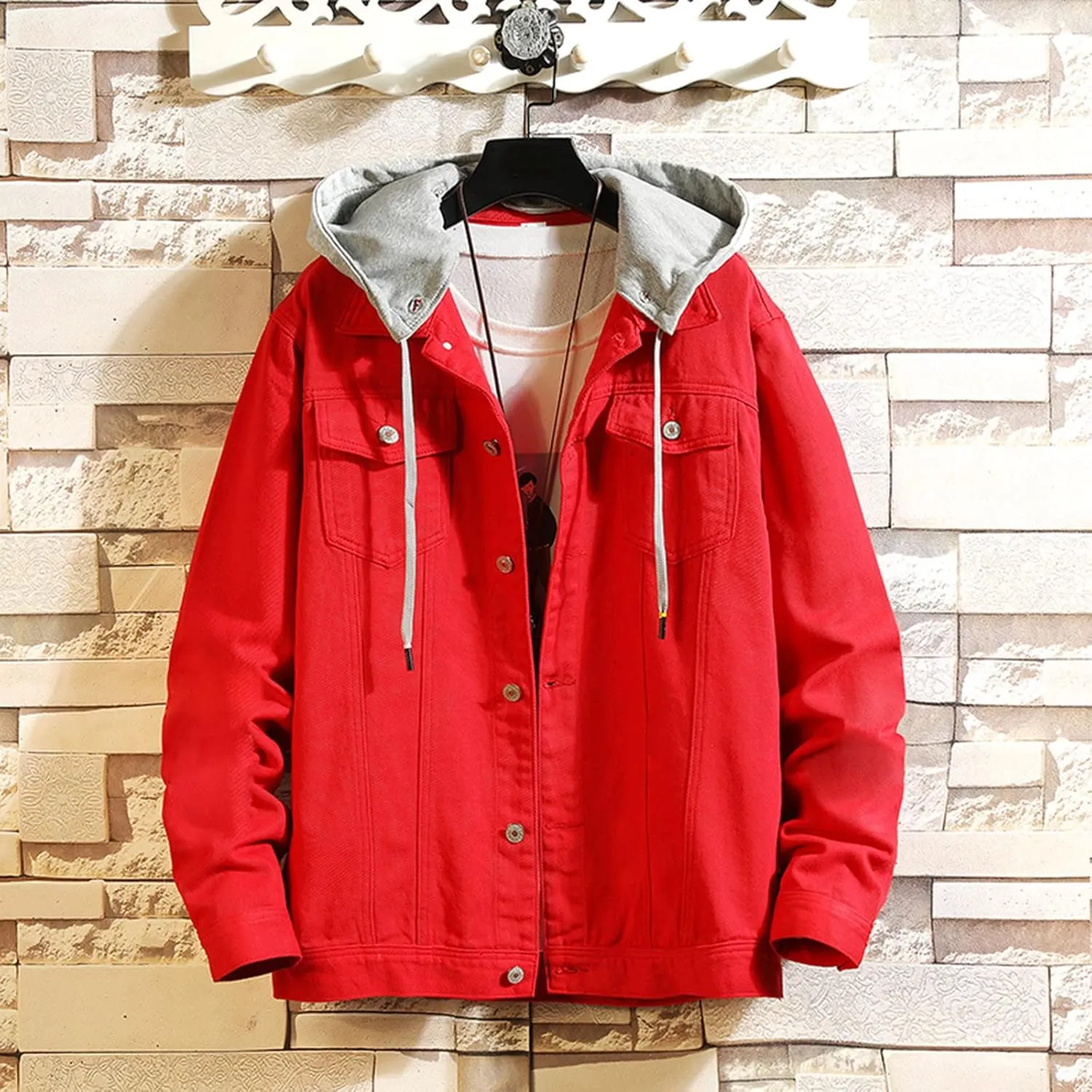 Double Coat Mens Spring And Autumn Leisure Solid Color Buckle Hooded Denim Jacket Coat