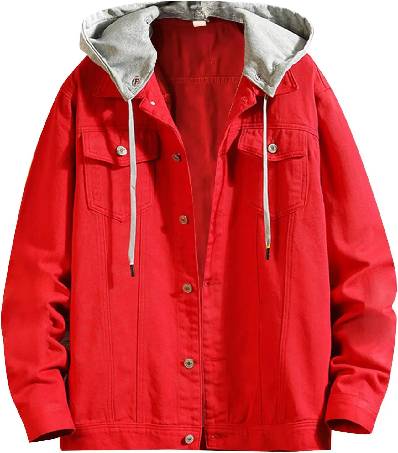 Double Coat Mens Spring And Autumn Leisure Solid Color Buckle Hooded Denim Jacket Coat
