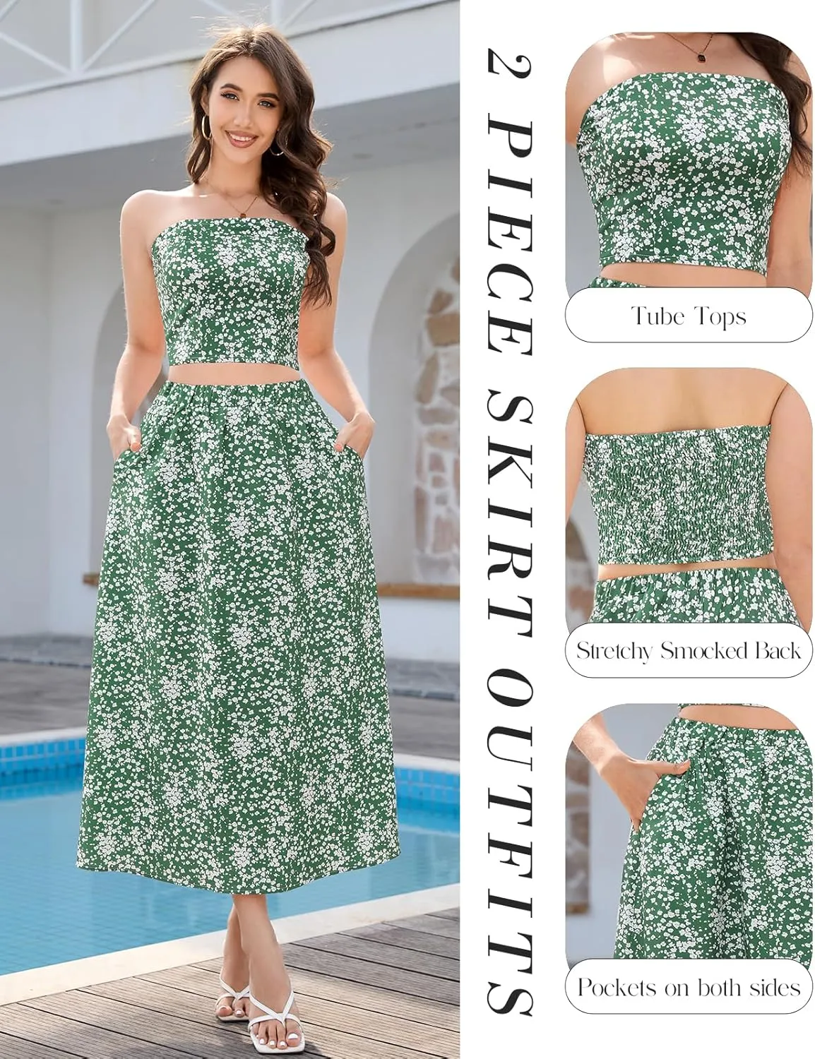 DRESSTELLS Women's Summer 2 Piece Skirt Set, Floral Crop Top and Maxi Boho Sundress Beach Tropical Dressy Casual Outfits