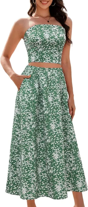 DRESSTELLS Women's Summer 2 Piece Skirt Set, Floral Crop Top and Maxi Boho Sundress Beach Tropical Dressy Casual Outfits