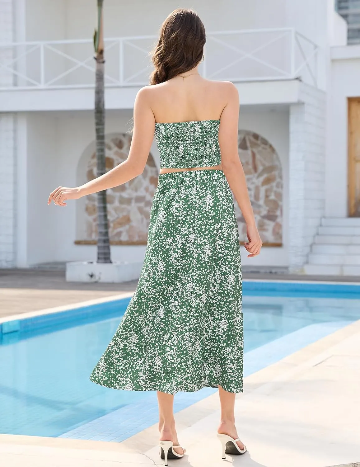 DRESSTELLS Women's Summer 2 Piece Skirt Set, Floral Crop Top and Maxi Boho Sundress Beach Tropical Dressy Casual Outfits