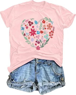 DUTUT Women Vintage Wildflower Shirt Floral Heart Graphic Shirts Boho Flower Tees Botanical Plant Short Sleeve Tops