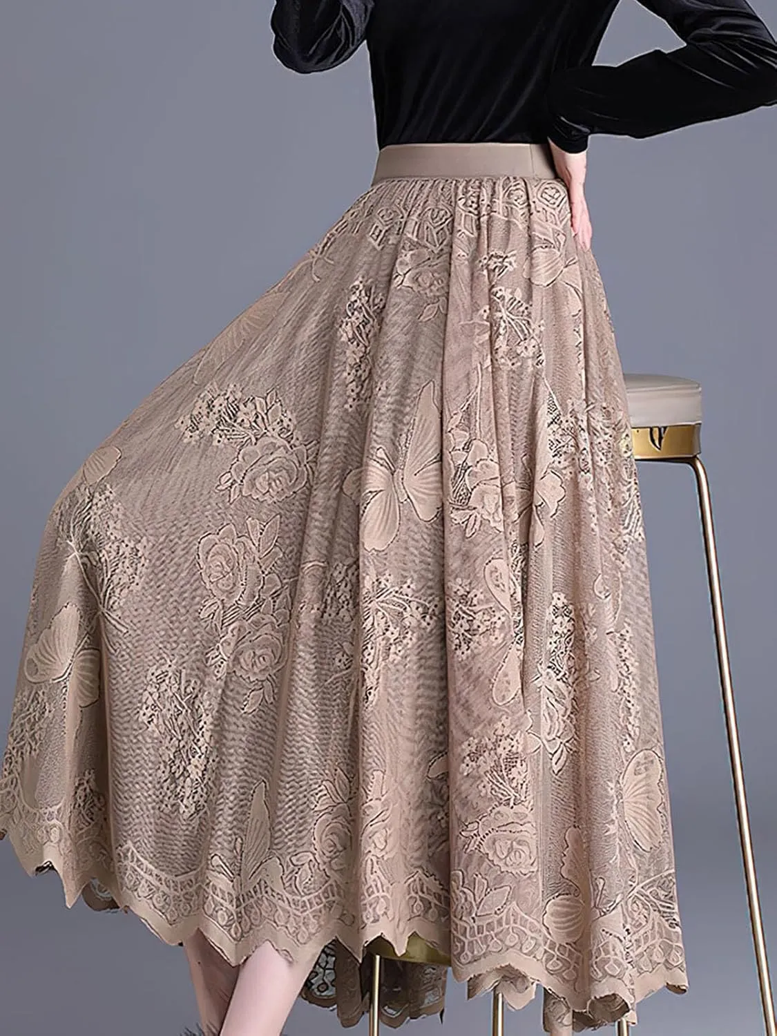ebossy Women Eembroidery Tulle Pleated Skirt Elastic High Waist Reversible Lace A Line Long Midi Skirt