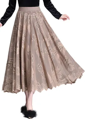 ebossy Women Eembroidery Tulle Pleated Skirt Elastic High Waist Reversible Lace A Line Long Midi Skirt