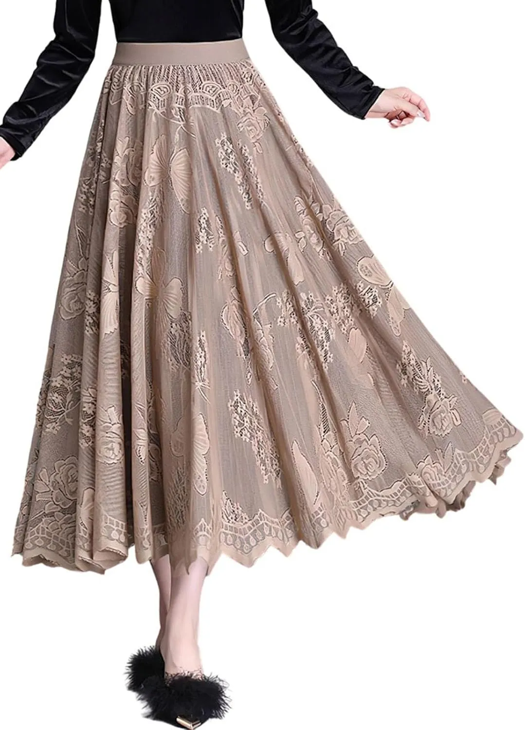 ebossy Women Eembroidery Tulle Pleated Skirt Elastic High Waist Reversible Lace A Line Long Midi Skirt