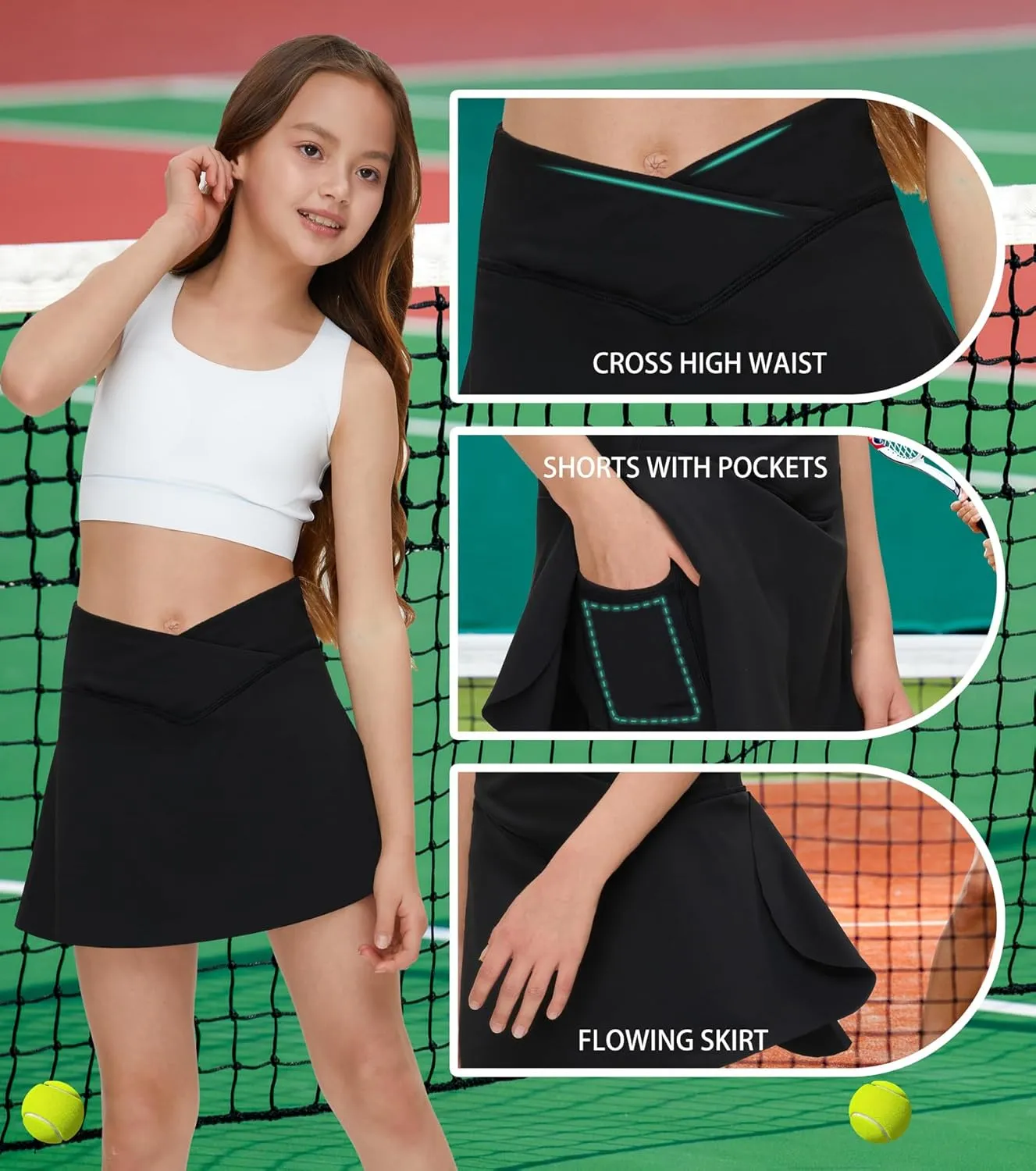 EPLAZA 2 in 1 Girls Pleated Tennis Skirt with Pockets High Wasited Athletic Crossover Design Workout Golf Skorts