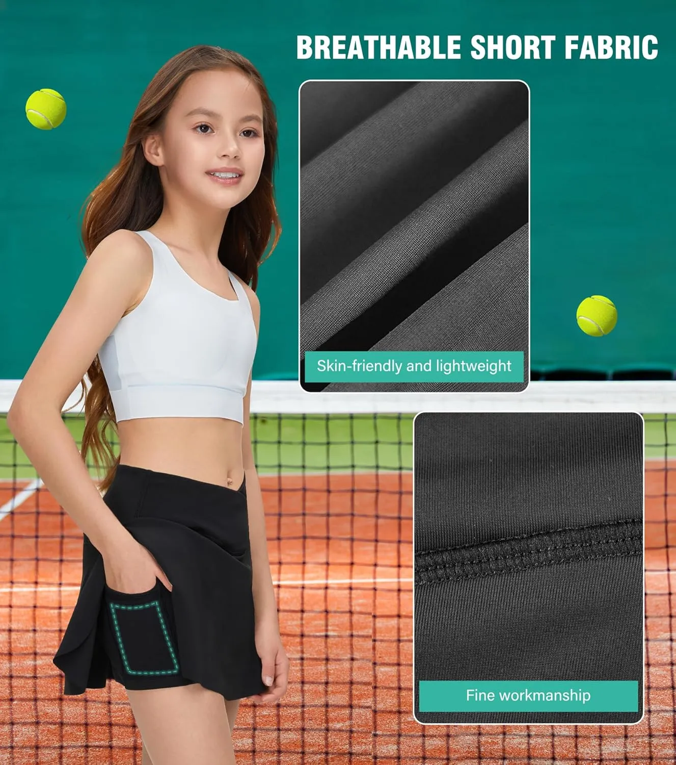EPLAZA 2 in 1 Girls Pleated Tennis Skirt with Pockets High Wasited Athletic Crossover Design Workout Golf Skorts