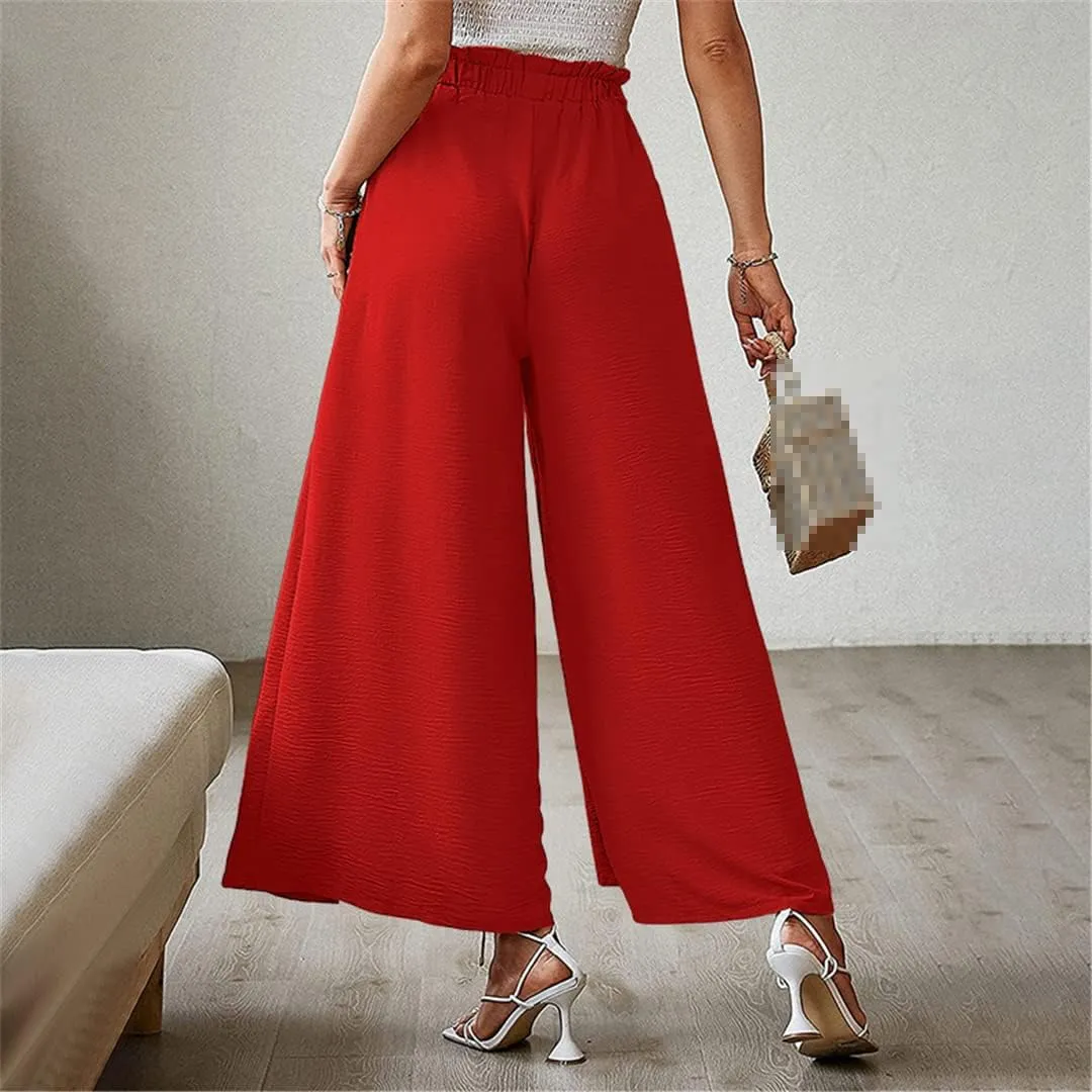 ERFMFKL Women's Lightweight Trousers Bow Loose Fold Wide Leg Pants High Waist Lace Up Pants