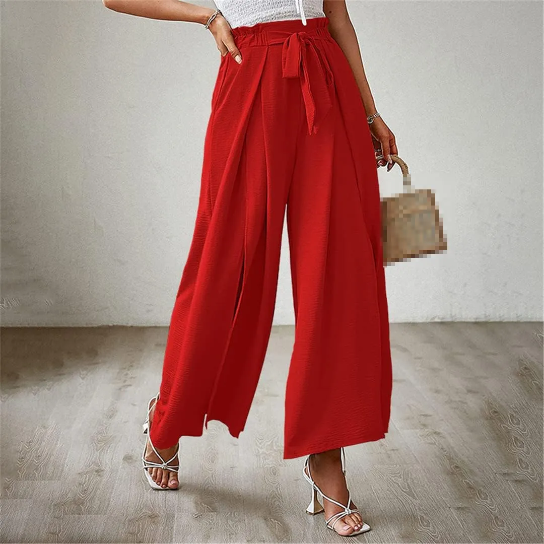 ERFMFKL Women's Lightweight Trousers Bow Loose Fold Wide Leg Pants High Waist Lace Up Pants